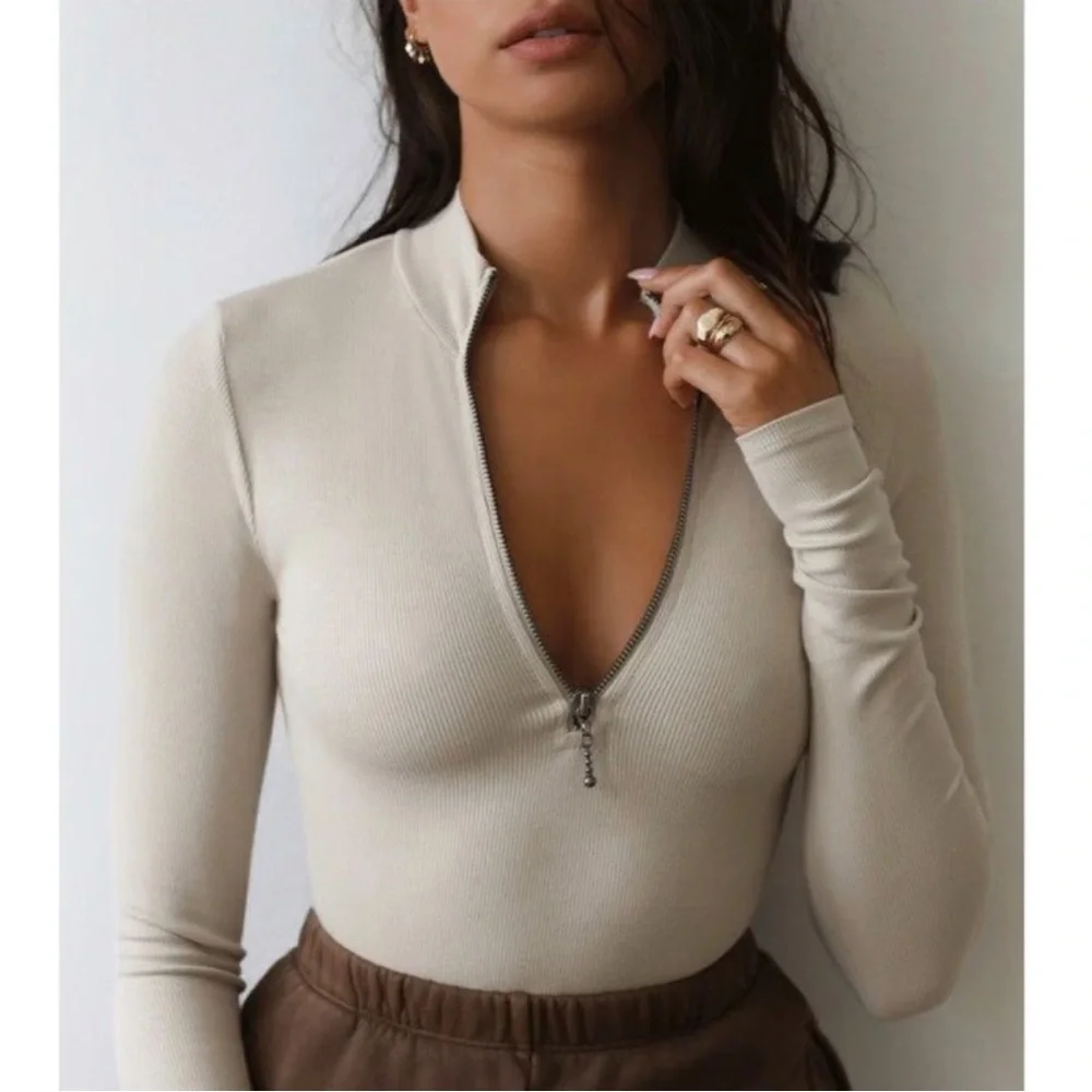 JOAH BROWN BEIGE TAN RIBBED HALF ZIP MOCK NECK LONG SLEEVE TOP - Picture 11 of 13
